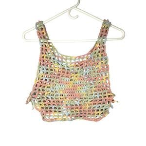 Handmade Crocheted Top Women’s OS Cotton Blend Bikini Cover Layering Boho Crop